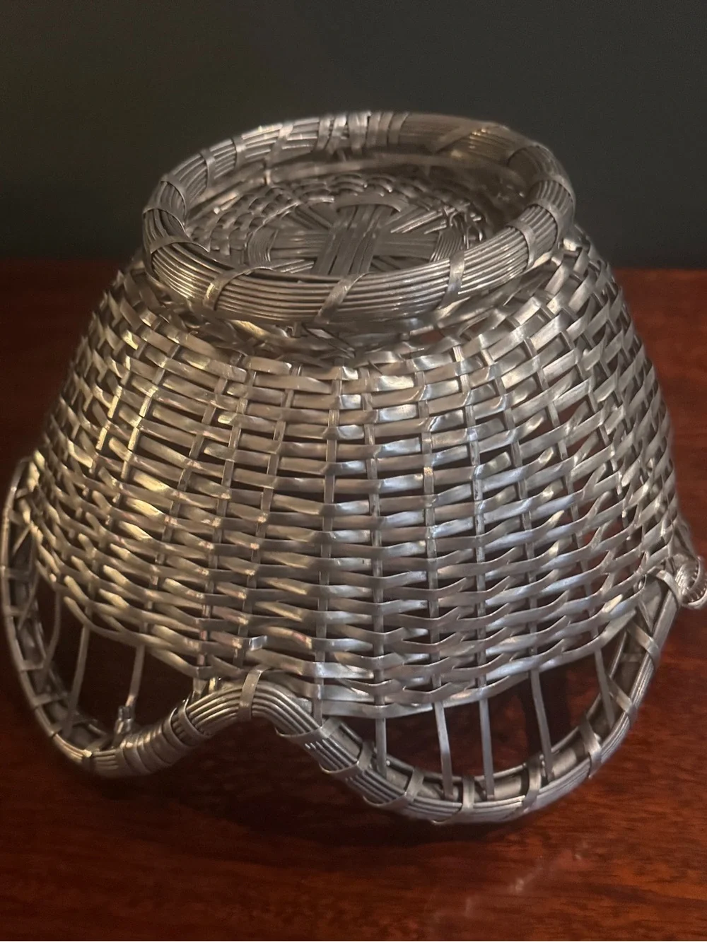 Vintage French Scalloped Silver Tone Woven Metal Basket Decorative Centerpiece